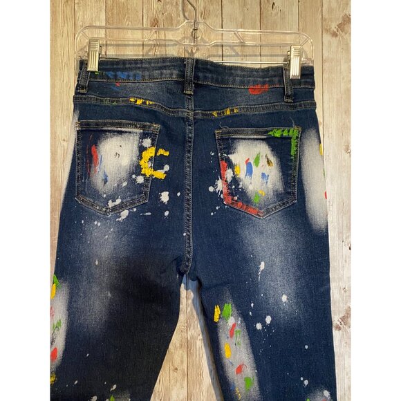 Women's Paint Splattered High Rise Denim Blue Jeans High-Rise Size 28" X 28" - Picture 10 of 12